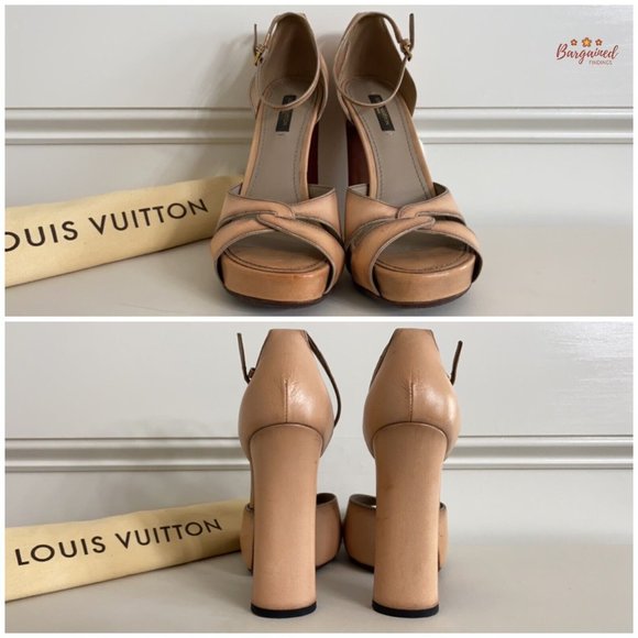Authentic Louis Vuitton Nude Brown Distressed Leather Open Toe Platform Heel 7.5 - Picture 5 of 14